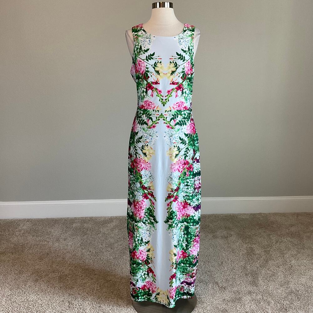 GUESS Floral Print Cutout Back Sleeveless Sheath Long Maxi Dress Blue Size 12 - Picture 3 of 10